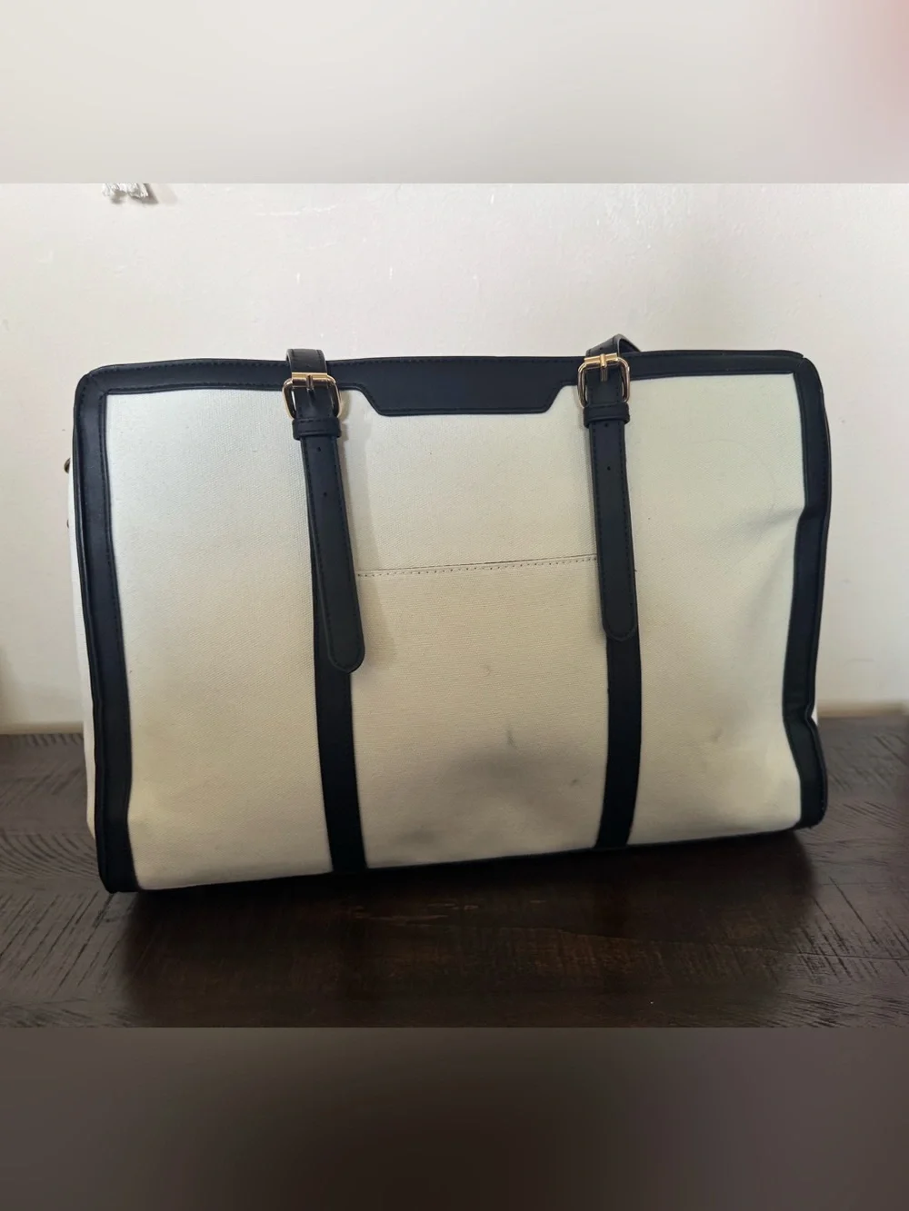 LOVEVOOK Canvas Laptop Tote Teacher Work Bag Black Cream-White